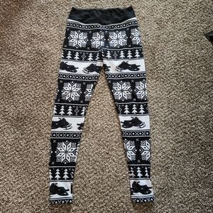 Snowmobile Snowflake Snow Pinetree Winter Stretch Leggings Black White Medium